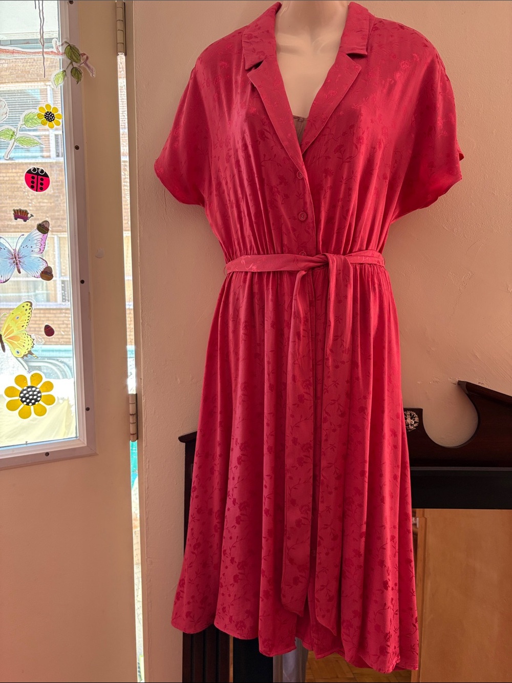 Women's Red Belted Midi Shirt Dress